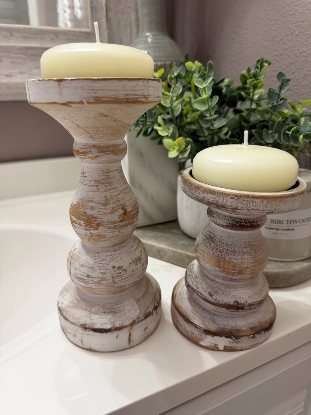 Rustic mango-Whitewash Wood Pillar Candle Holders with Cream Candles - Set (2)